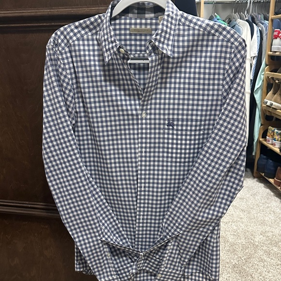 Burberry Men’s Sky Blue & White Checkered Button-Down Shirt; Gingham Check Small - Picture 1 of 5